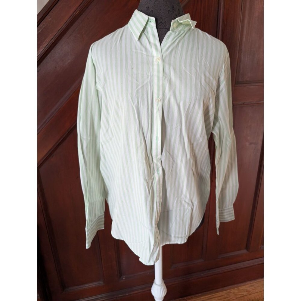 Jones New York Signature Green & White Striped Button-Up Shirt Womens Size L